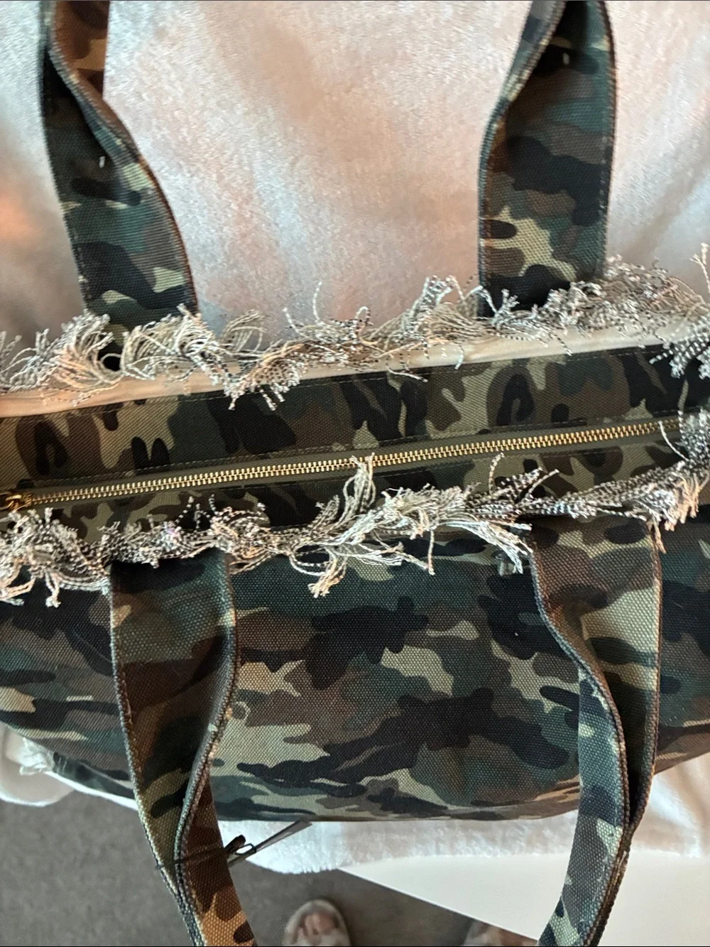 Camouflage Fringe Canvas Tote - Green/Brown 12L 17W not including handles